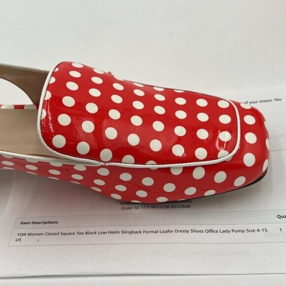 YDN Red Polka Dots Square Toe Block Low Heels Slingback Lady Pump - Picture 7 of 8